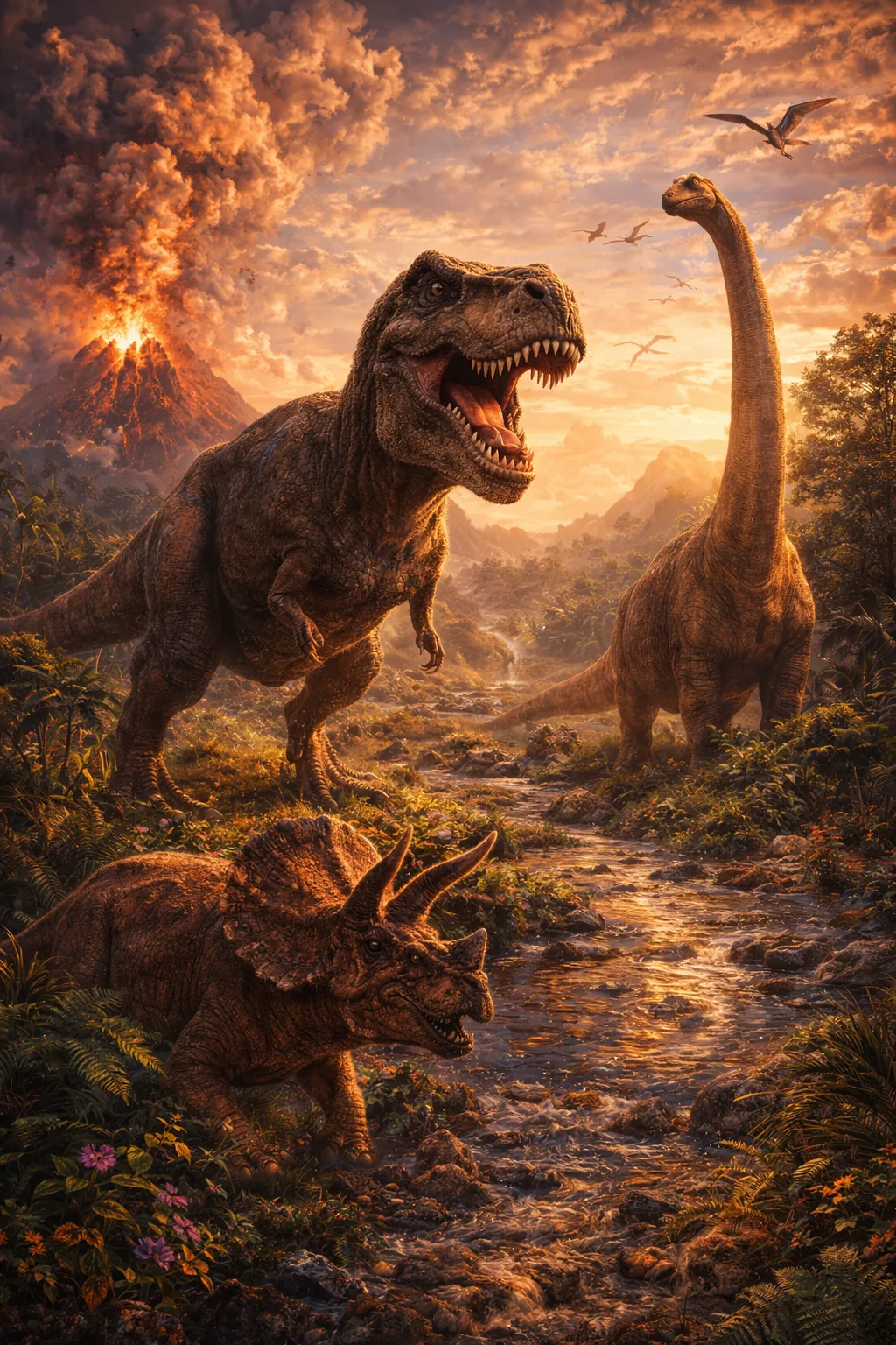 Dinosaurs at sunset