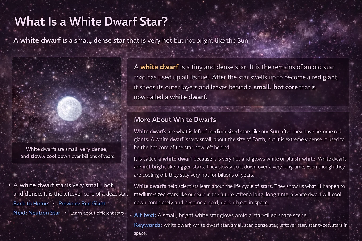 An information poster about a white dwarf star remnant.