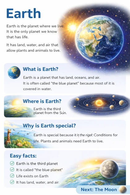 A blue globe-like poster with labels around a central Earth-like shape.